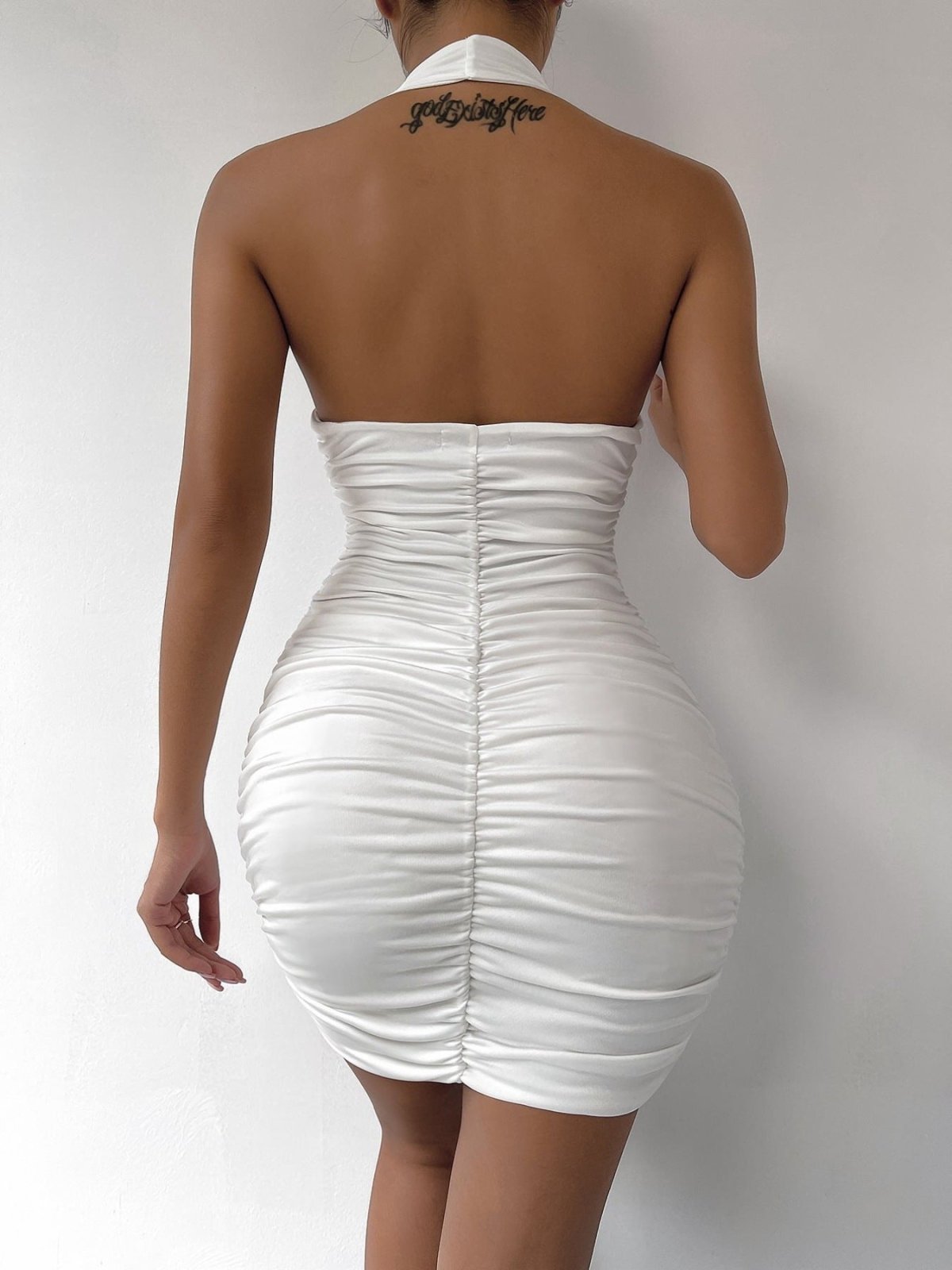 Halter Neck Ruched Bodycon Mini Dress | Summer Night Out Dress in White
