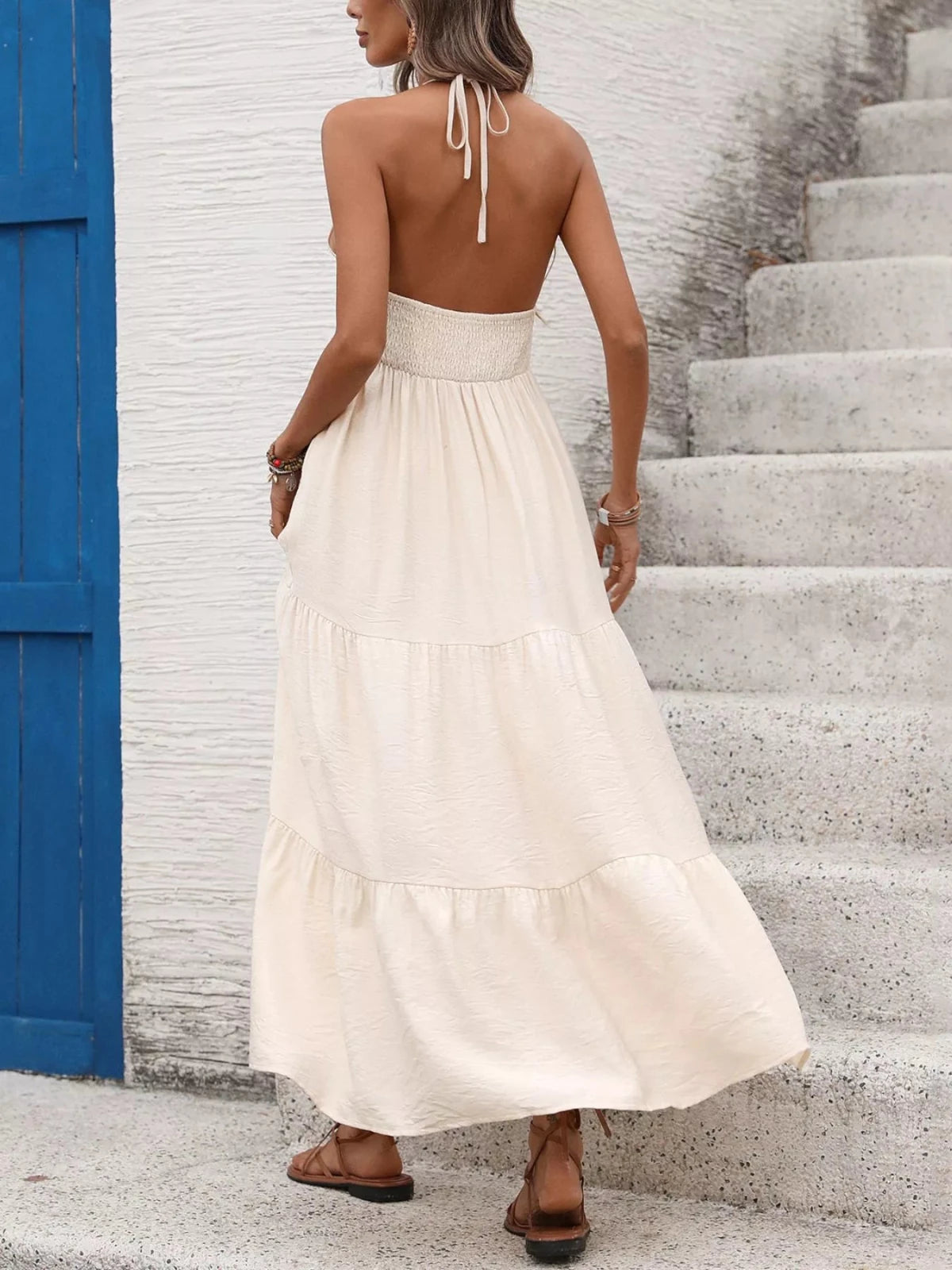 Halter Neck Tiered Maxi Dress | Boho Beach Wedding Dress in Apricot