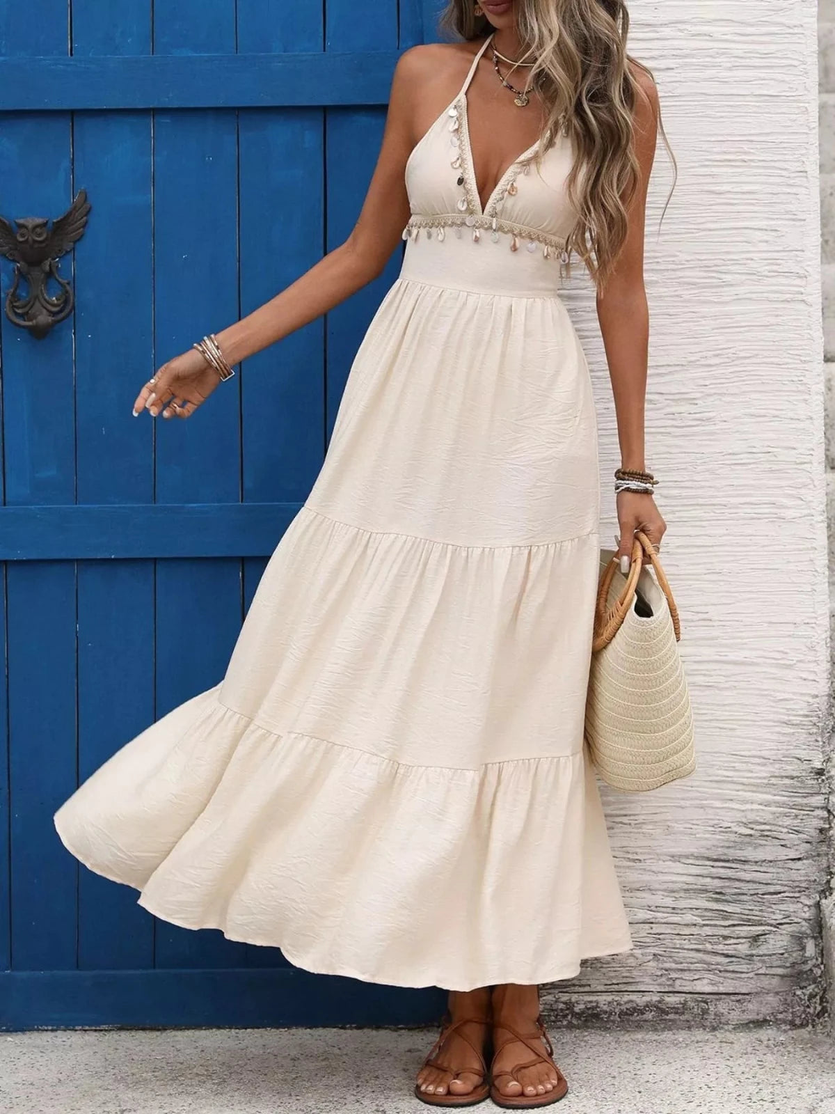 Halter Neck Tiered Maxi Dress | Boho Beach Wedding Dress in Apricot
