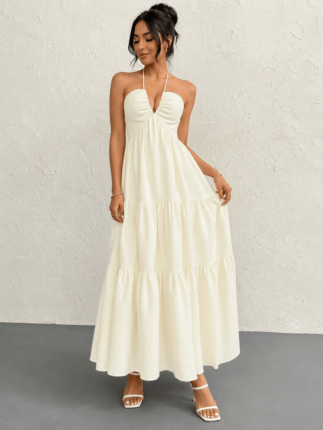 Halter Neck Tiered Maxi Dress | Boho Summer Maxi Dress in Apricot