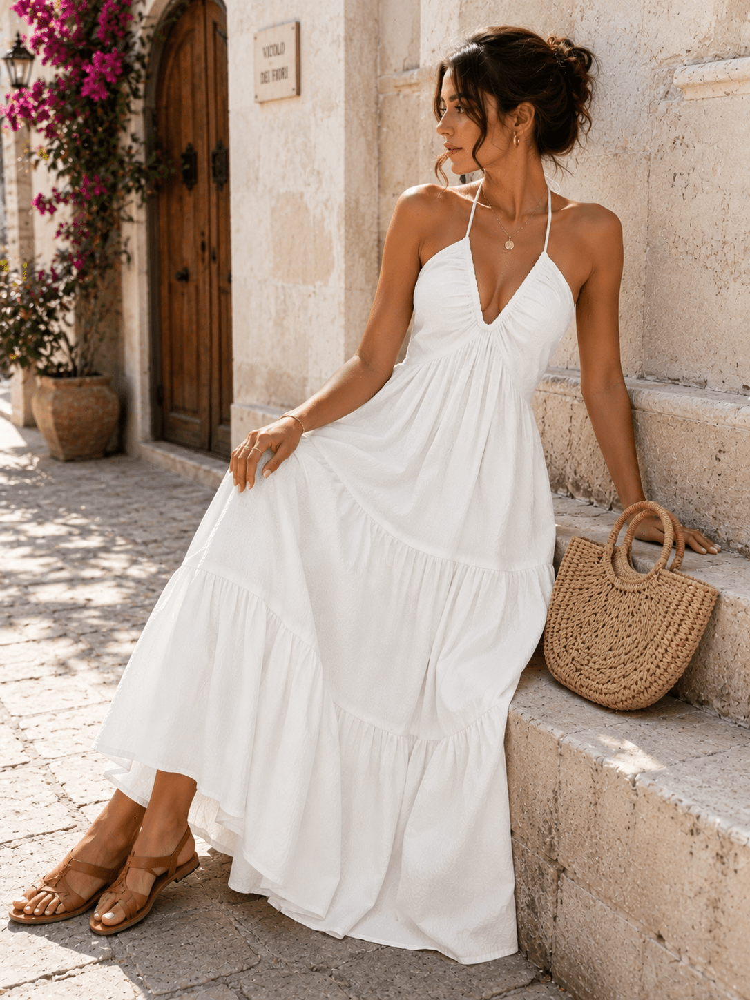 Halter Neck Tiered Maxi Dress | Boho Summer Maxi Dress in Apricot