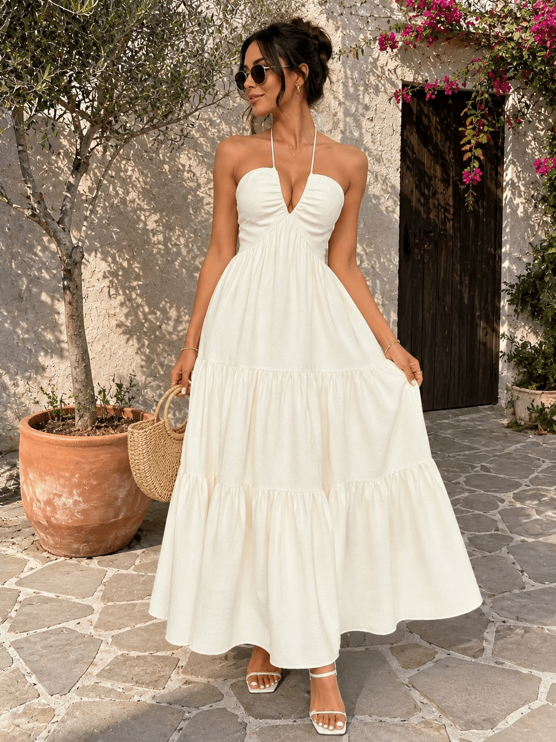 Halter Neck Tiered Maxi Dress | Boho Summer Maxi Dress in Apricot