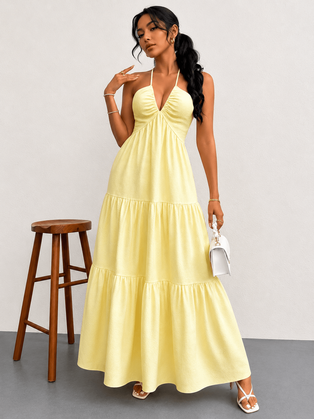 Halter Neck Tiered Maxi Dress | Boho Summer Maxi Dress in Apricot