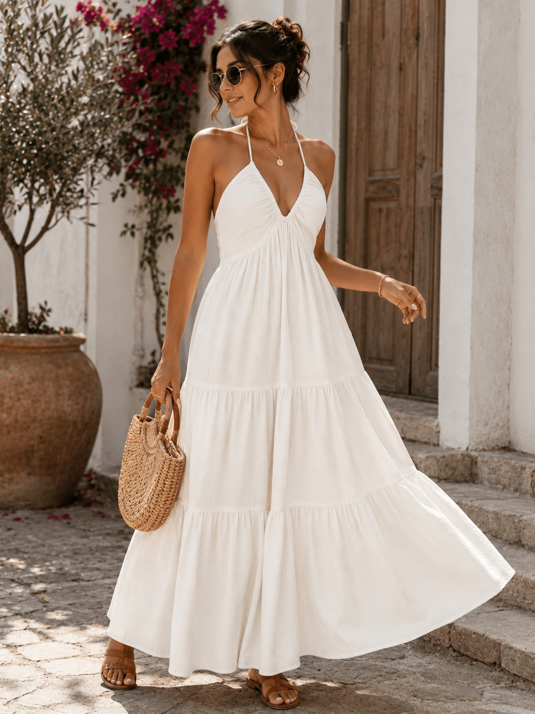 Halter Neck Tiered Maxi Dress | Boho Summer Maxi Dress in Apricot