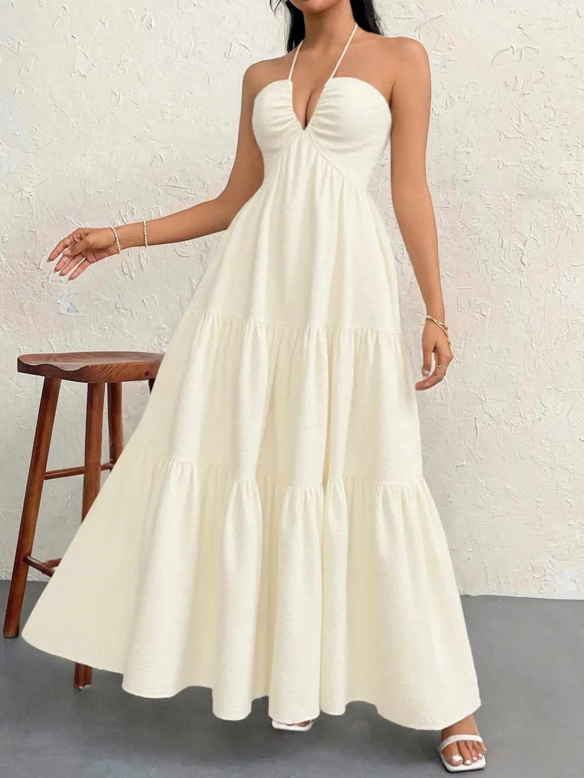 Halter Neck Tiered Maxi Dress | Boho Summer Maxi Dress in Apricot
