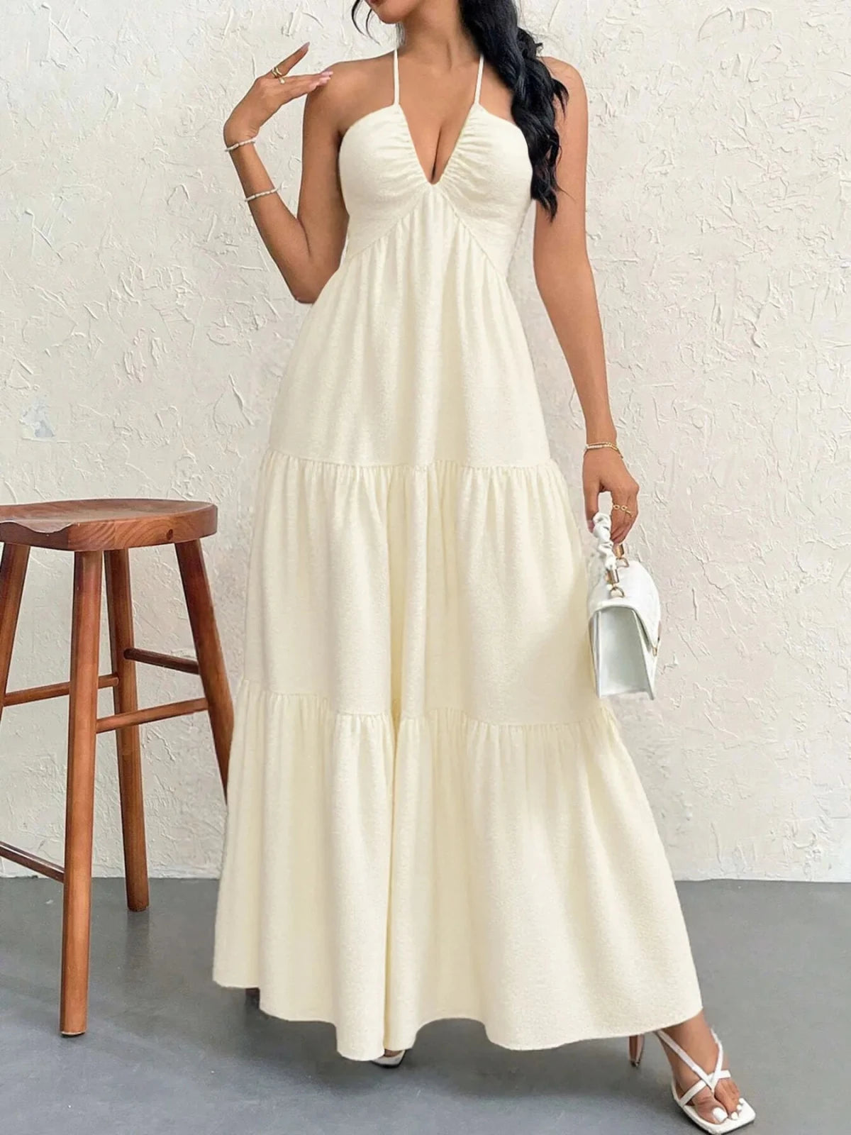 Halter Neck Tiered Maxi Dress | Boho Summer Maxi Dress in Apricot