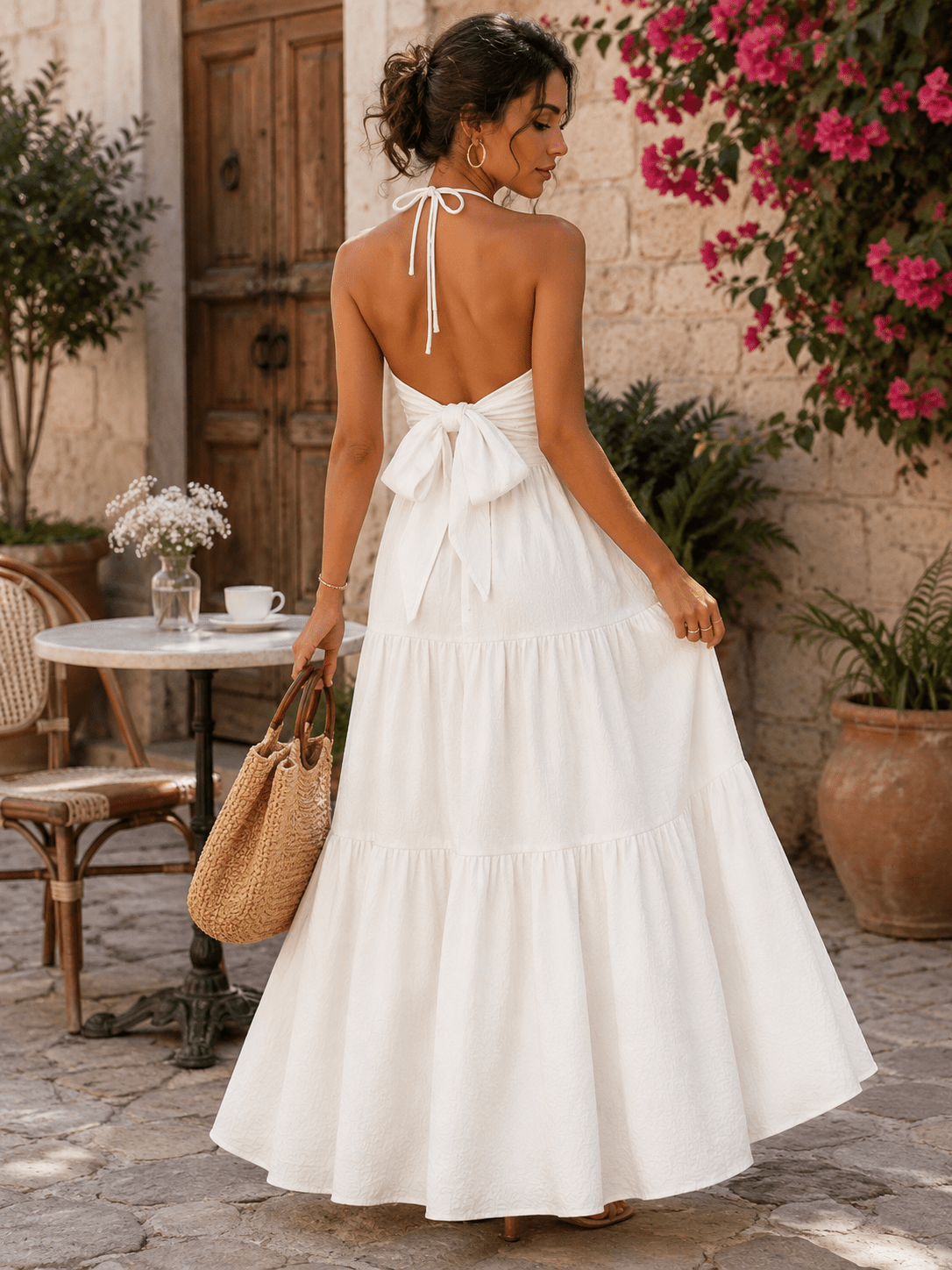 Halter Neck Tiered Maxi Dress | Boho Summer Maxi Dress in Apricot