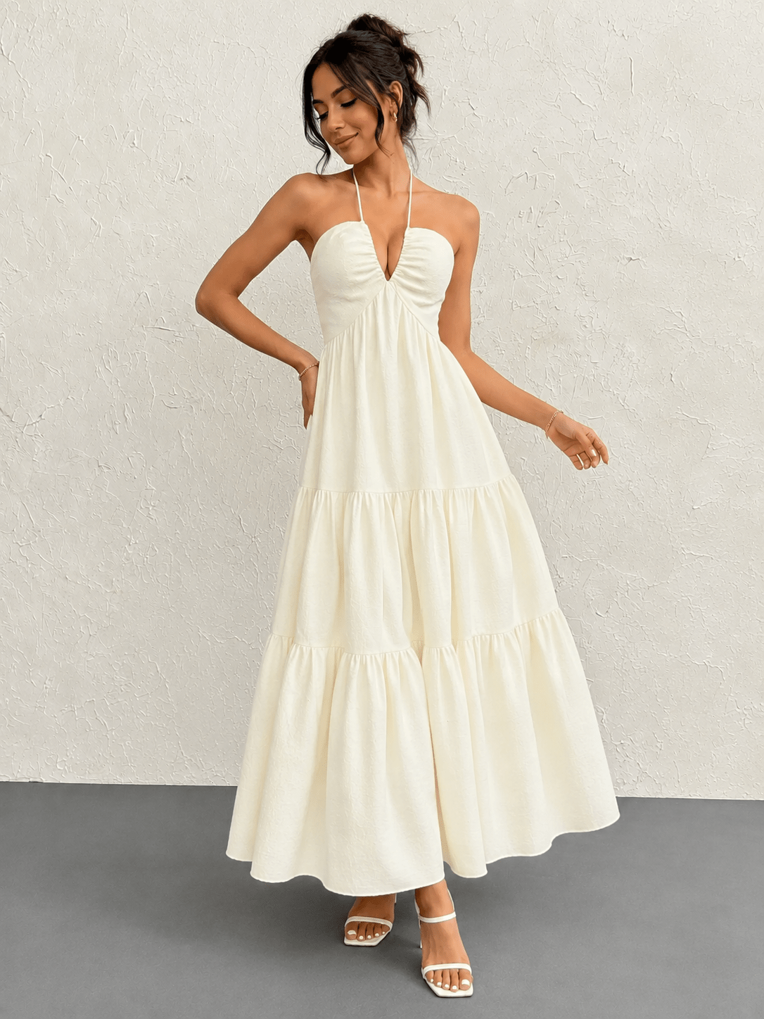 Halter Neck Tiered Maxi Dress | Boho Summer Maxi Dress in Apricot