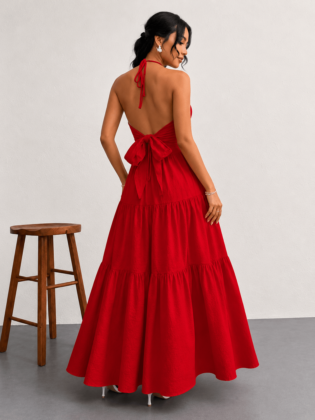Halter Neck Tiered Maxi Dress | Boho Summer Maxi Dress in Apricot