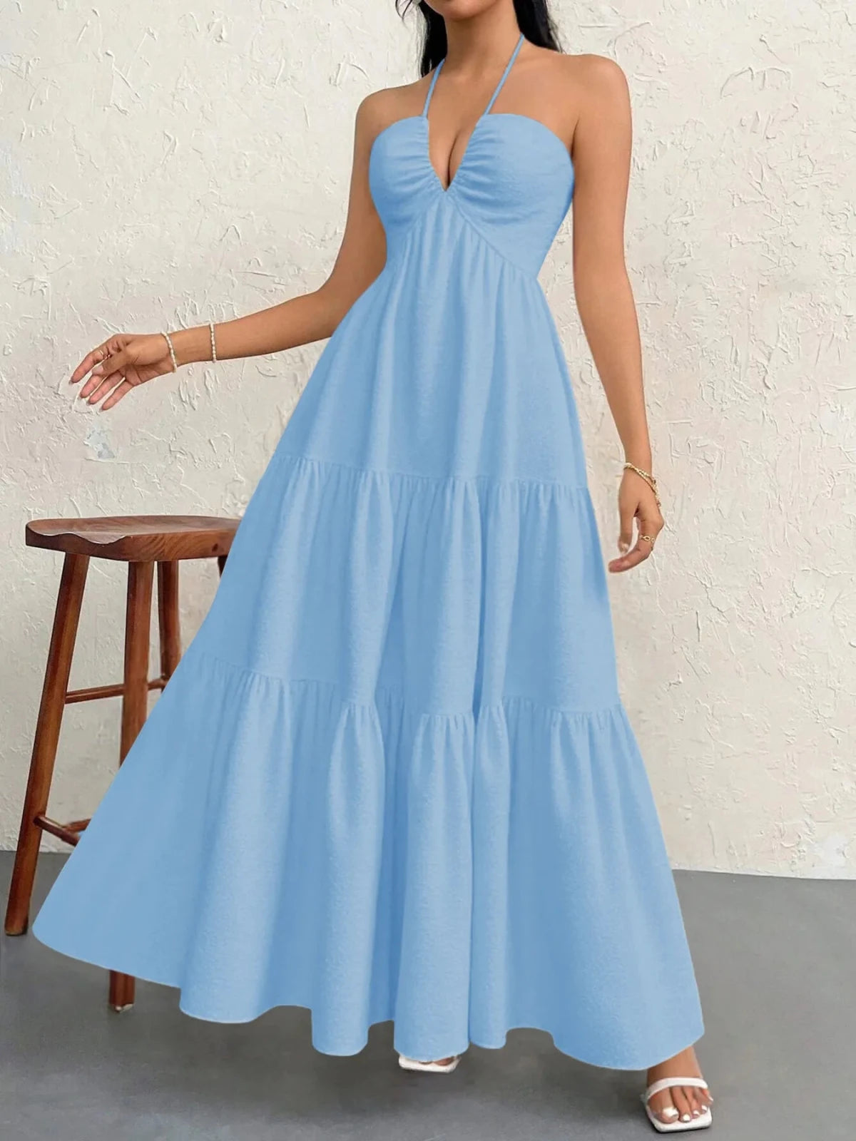 Halter Neck Tiered Maxi Dress | Boho Summer Maxi Dress in Blue