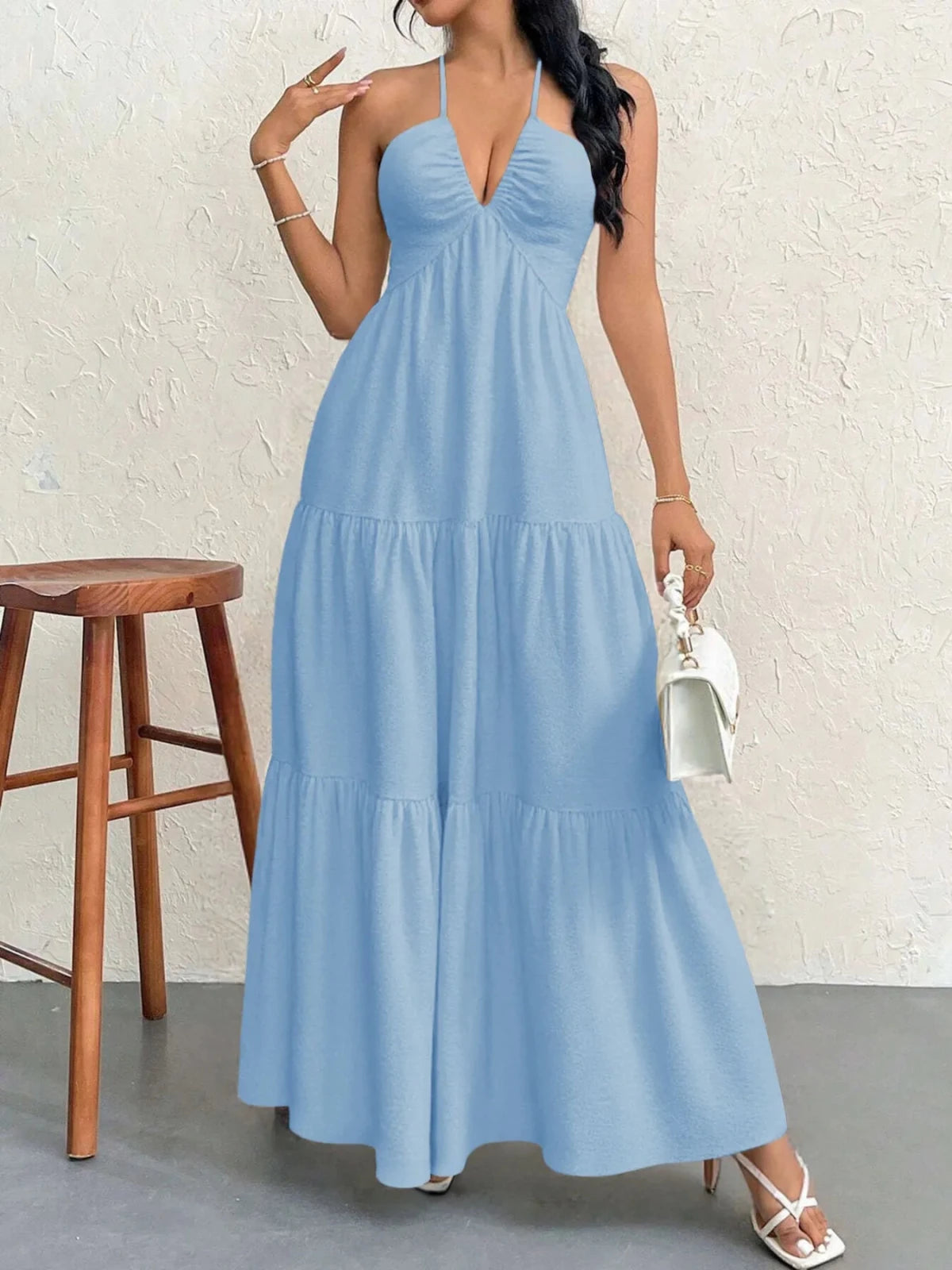 Halter Neck Tiered Maxi Dress | Boho Summer Maxi Dress in Blue