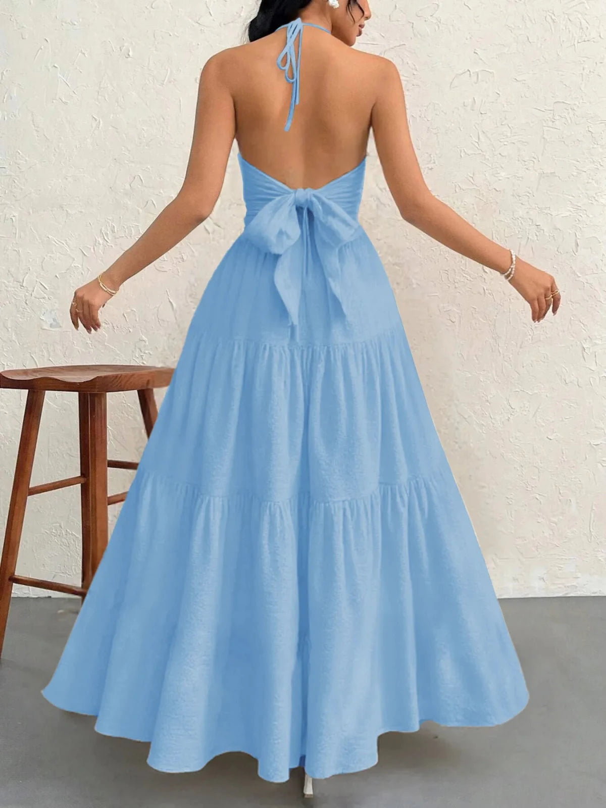Halter Neck Tiered Maxi Dress | Boho Summer Maxi Dress in Blue