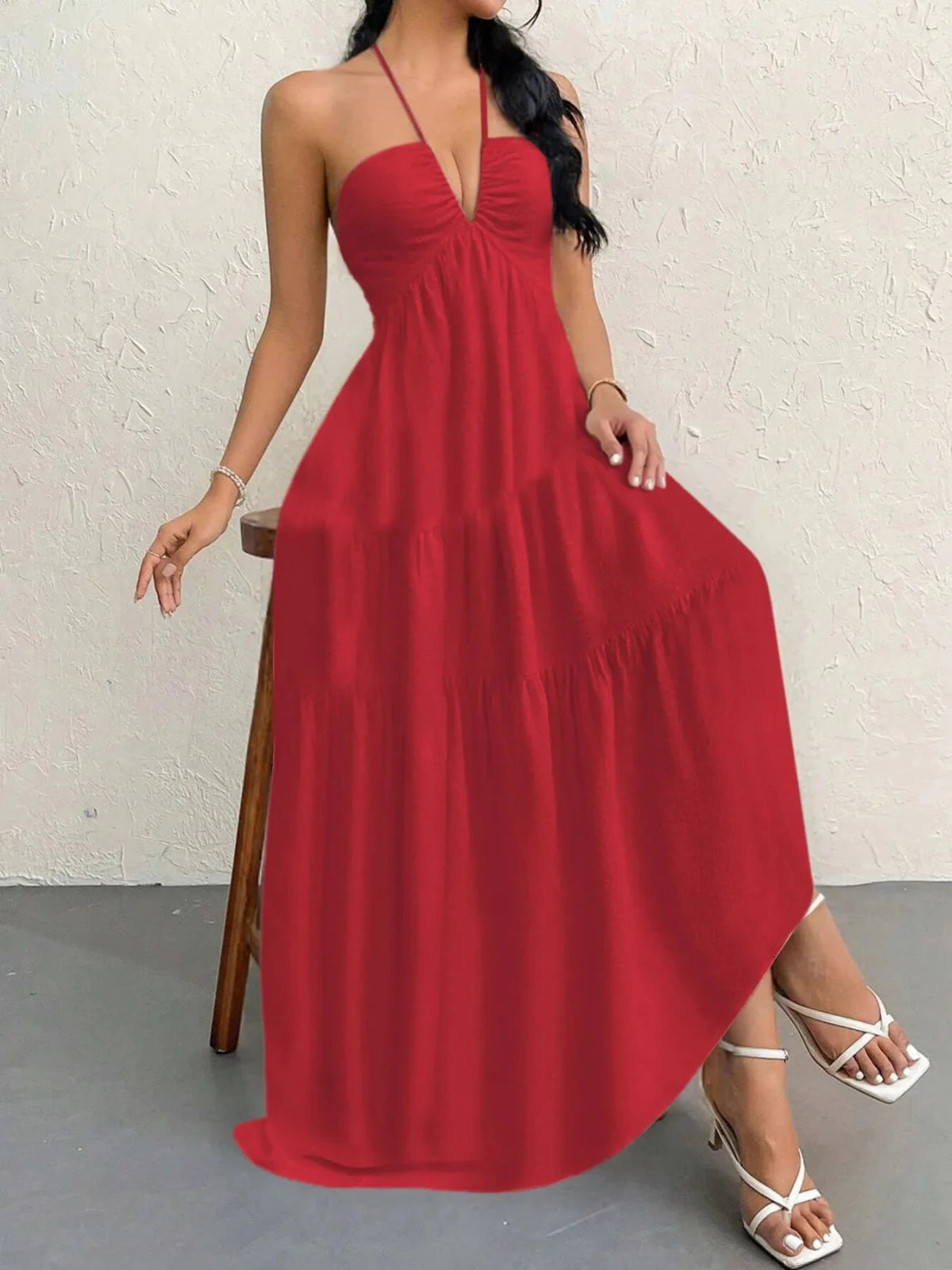Halter Neck Tiered Maxi Dress | Boho Summer Maxi Dress in Red