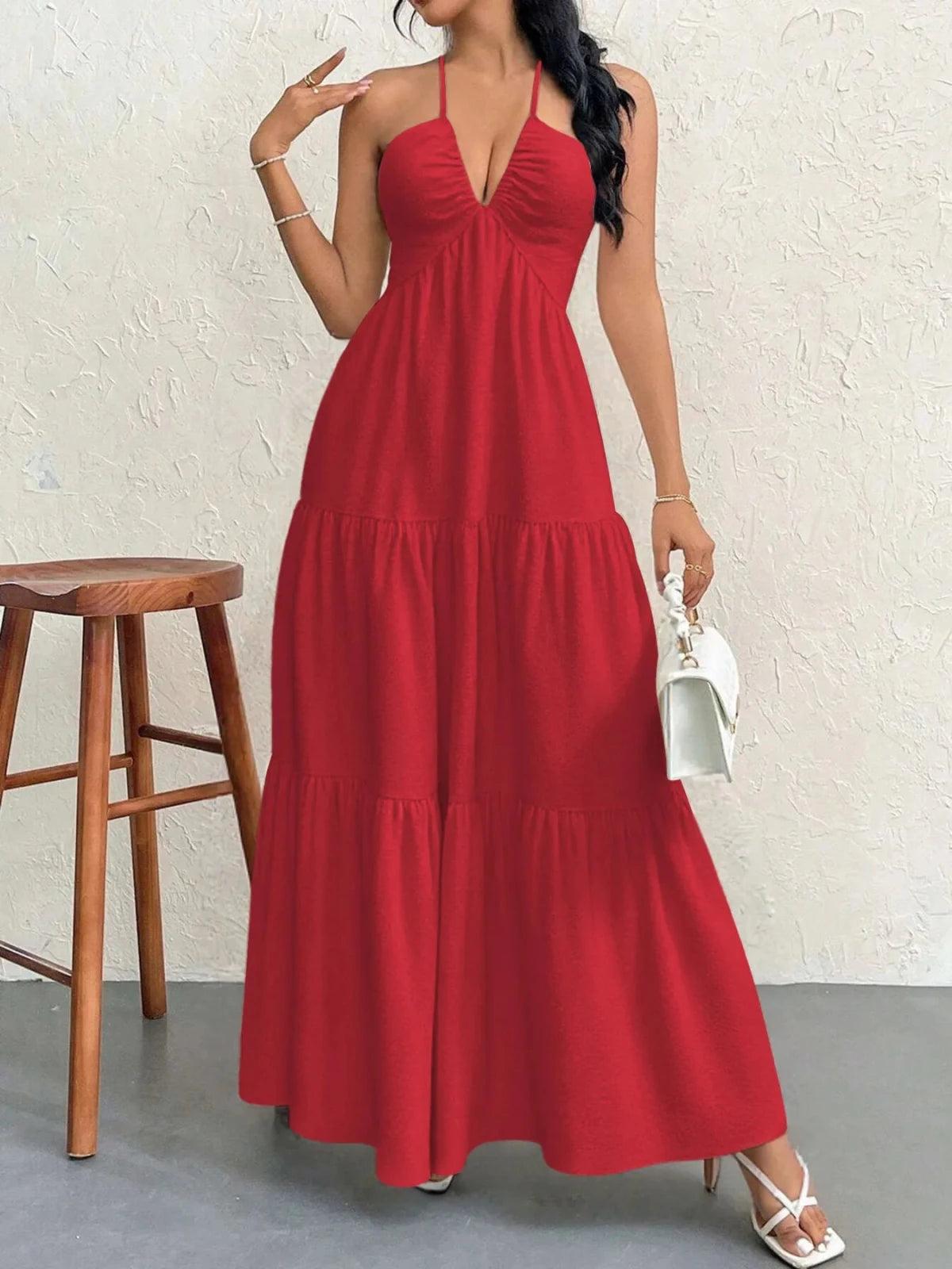 Halter Neck Tiered Maxi Dress | Boho Summer Maxi Dress in Red