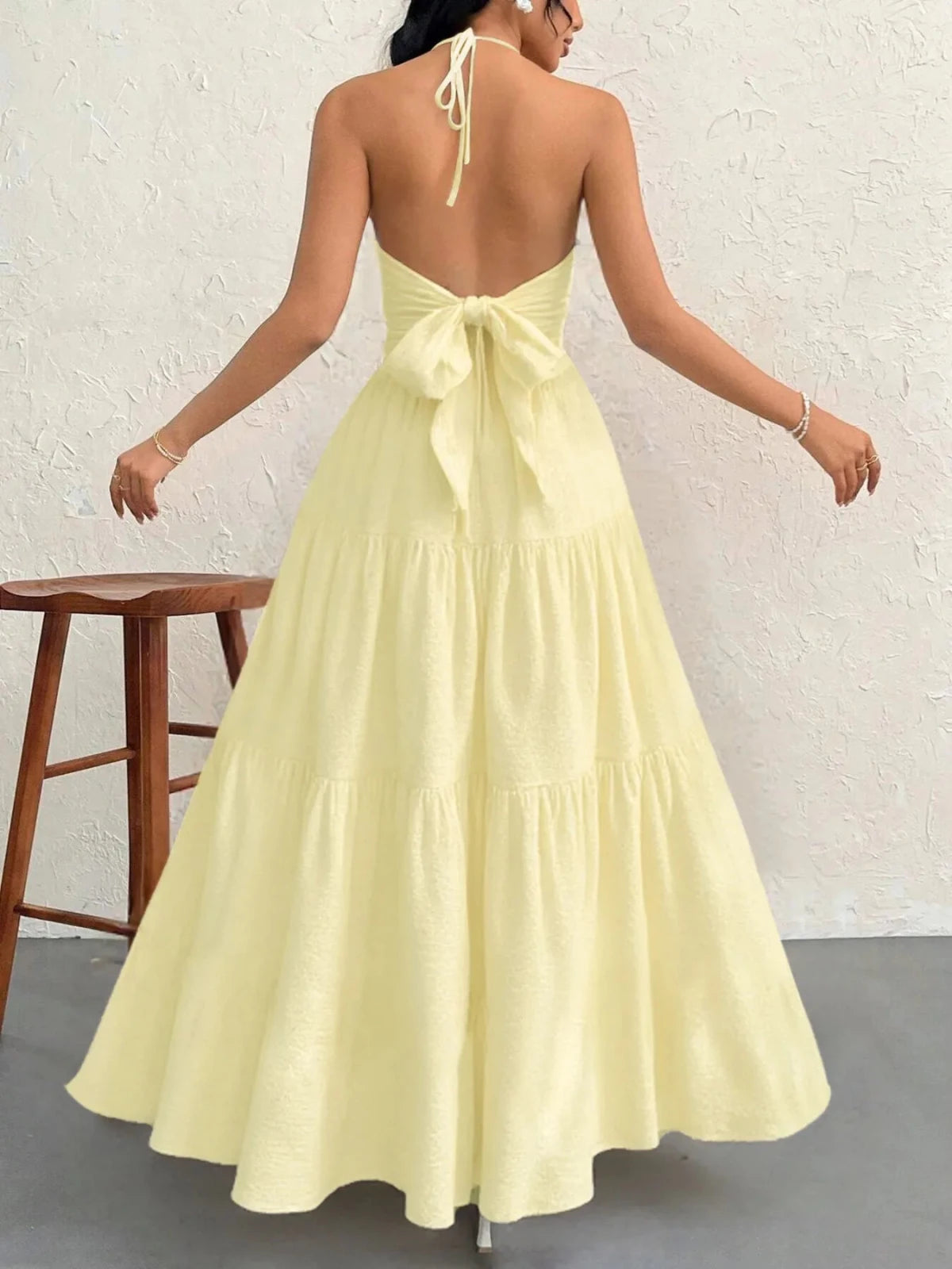 Halter Neck Tiered Maxi Dress | Boho Summer Maxi Dress in Yellow