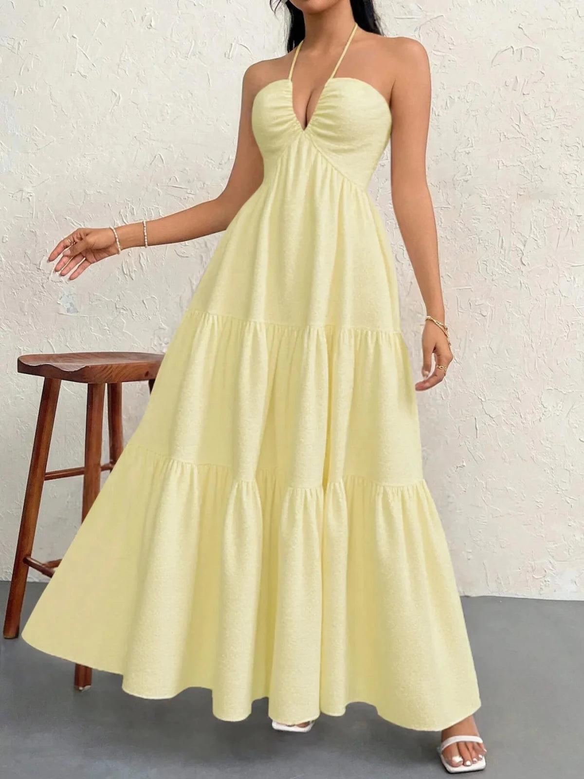 Halter Neck Tiered Maxi Dress | Boho Summer Maxi Dress in Yellow