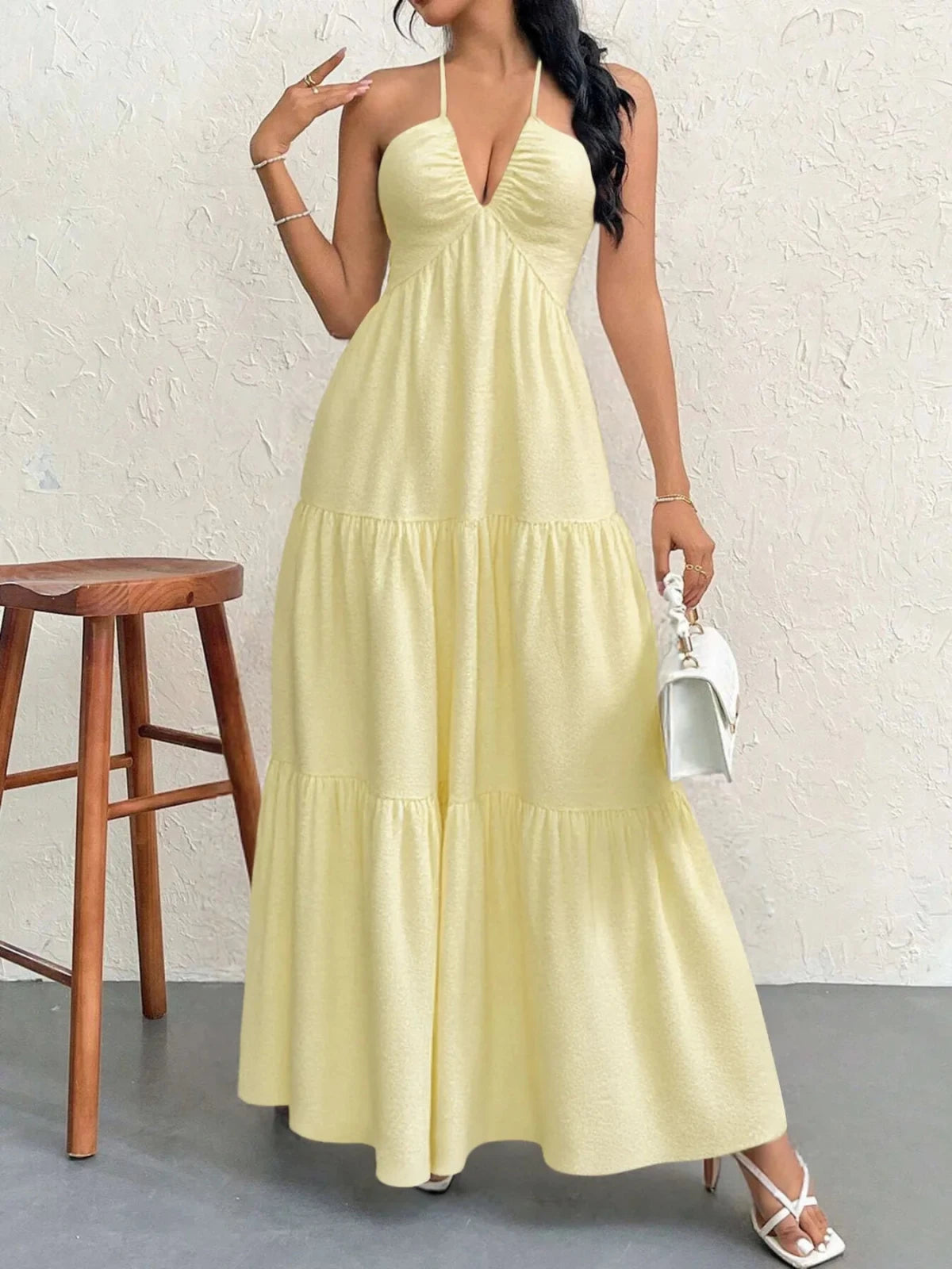 Halter Neck Tiered Maxi Dress | Boho Summer Maxi Dress in Yellow