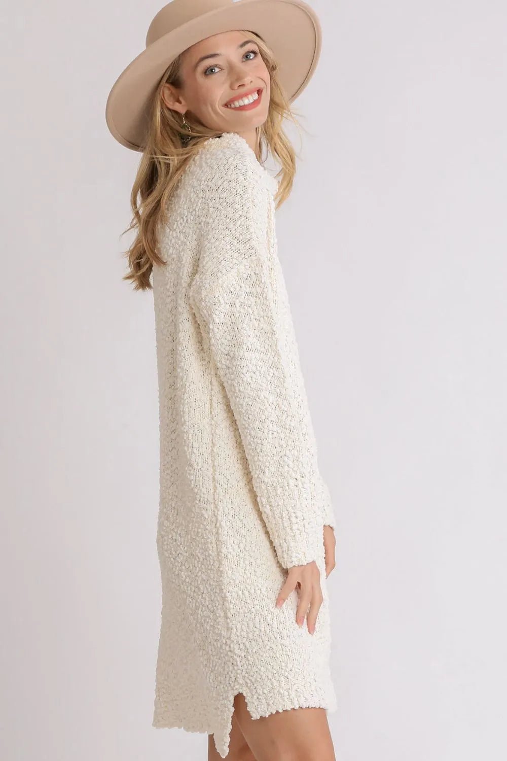 High-Low Boucle Sweater Dress | CozyFits in Cream