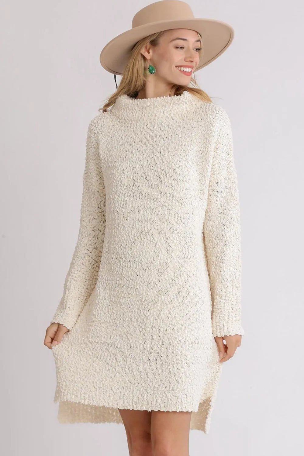 High-Low Boucle Sweater Dress | CozyFits in Cream