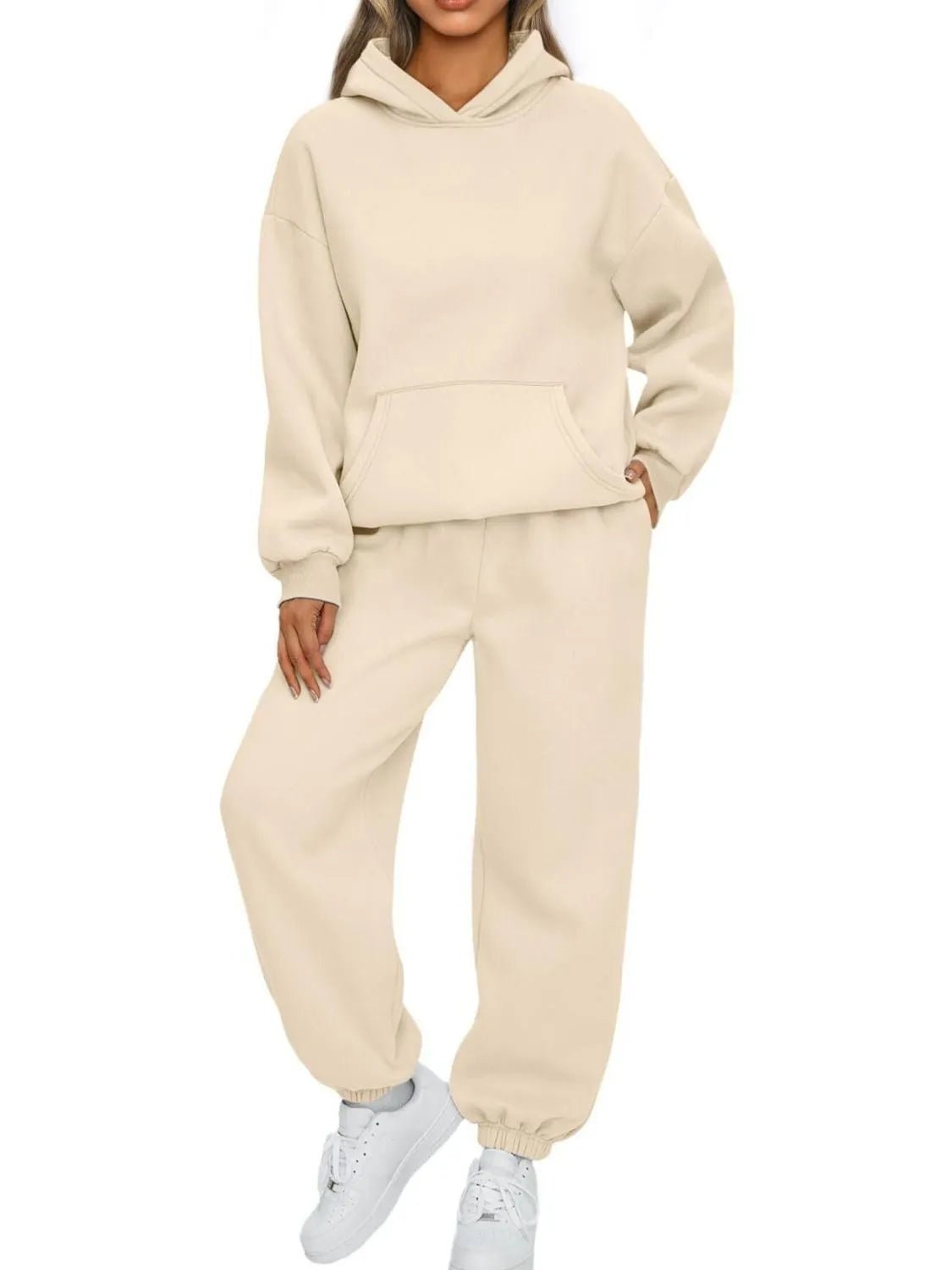 Kangaroo Pocket Hoodie and Joggers Set | CozyFits in Apricot