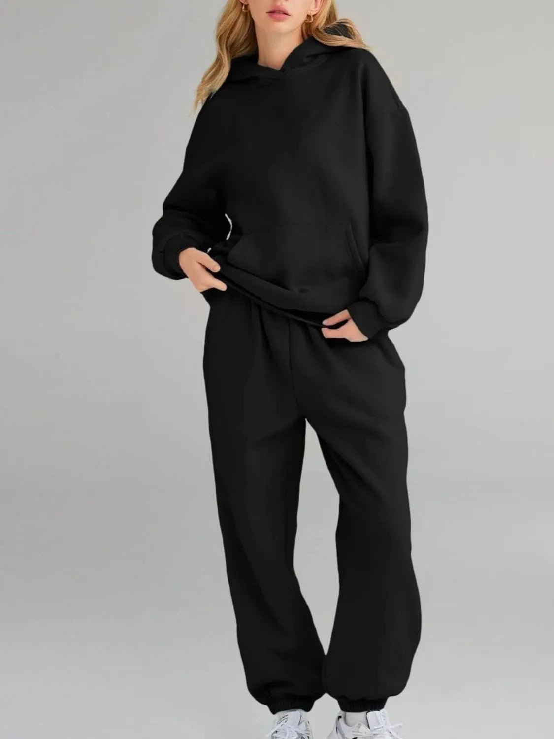 Kangaroo Pocket Hoodie and Joggers Set | CozyFits in Black