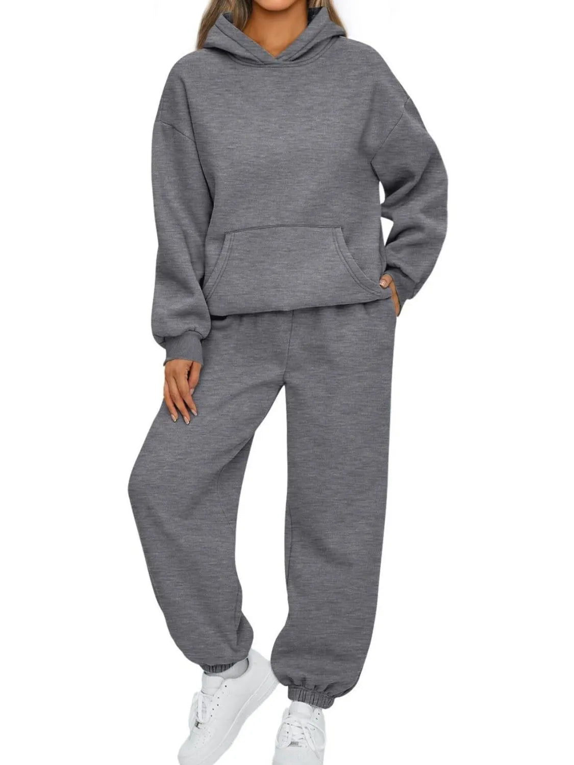 Kangaroo Pocket Hoodie and Joggers Set | CozyFits in Dark Gray