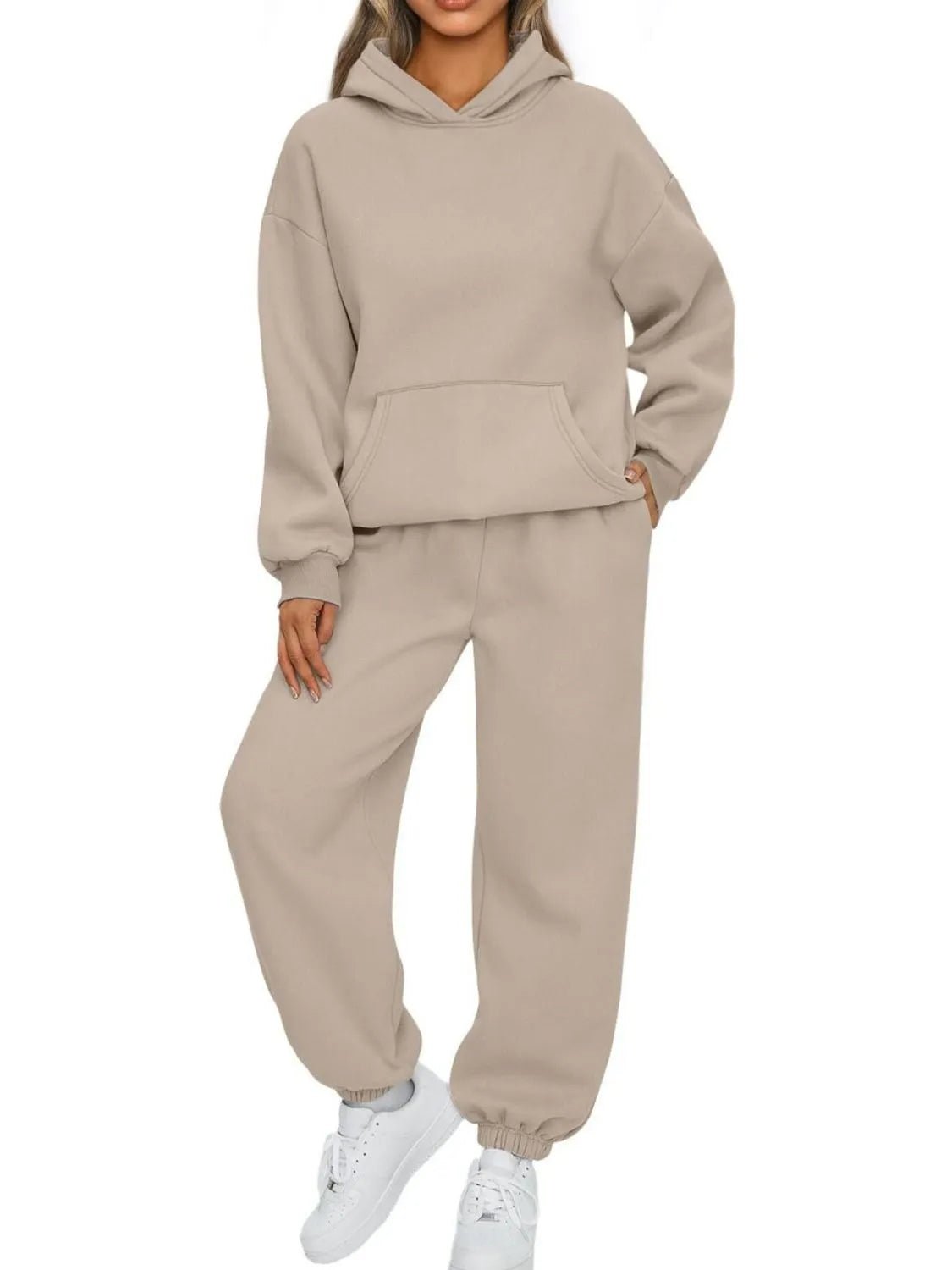 Kangaroo Pocket Hoodie and Joggers Set | CozyFits in Khaki