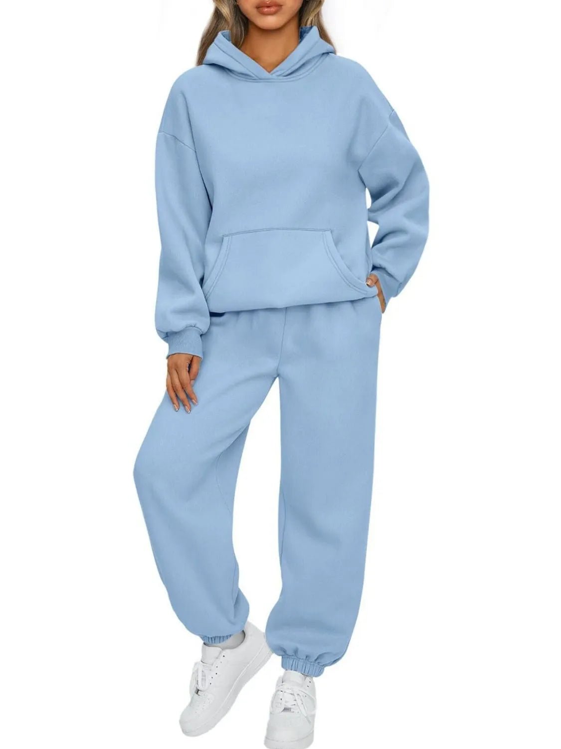 Kangaroo Pocket Hoodie and Joggers Set | CozyFits in Light Blue