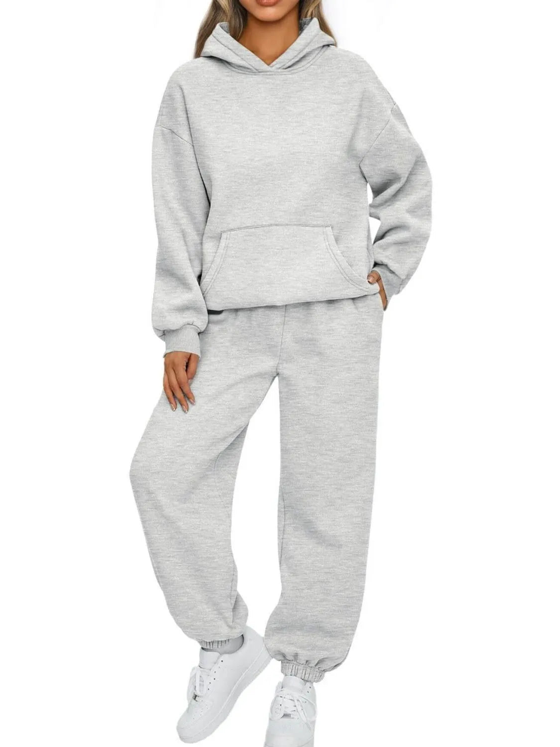 Kangaroo Pocket Hoodie and Joggers Set | CozyFits in Light Gray