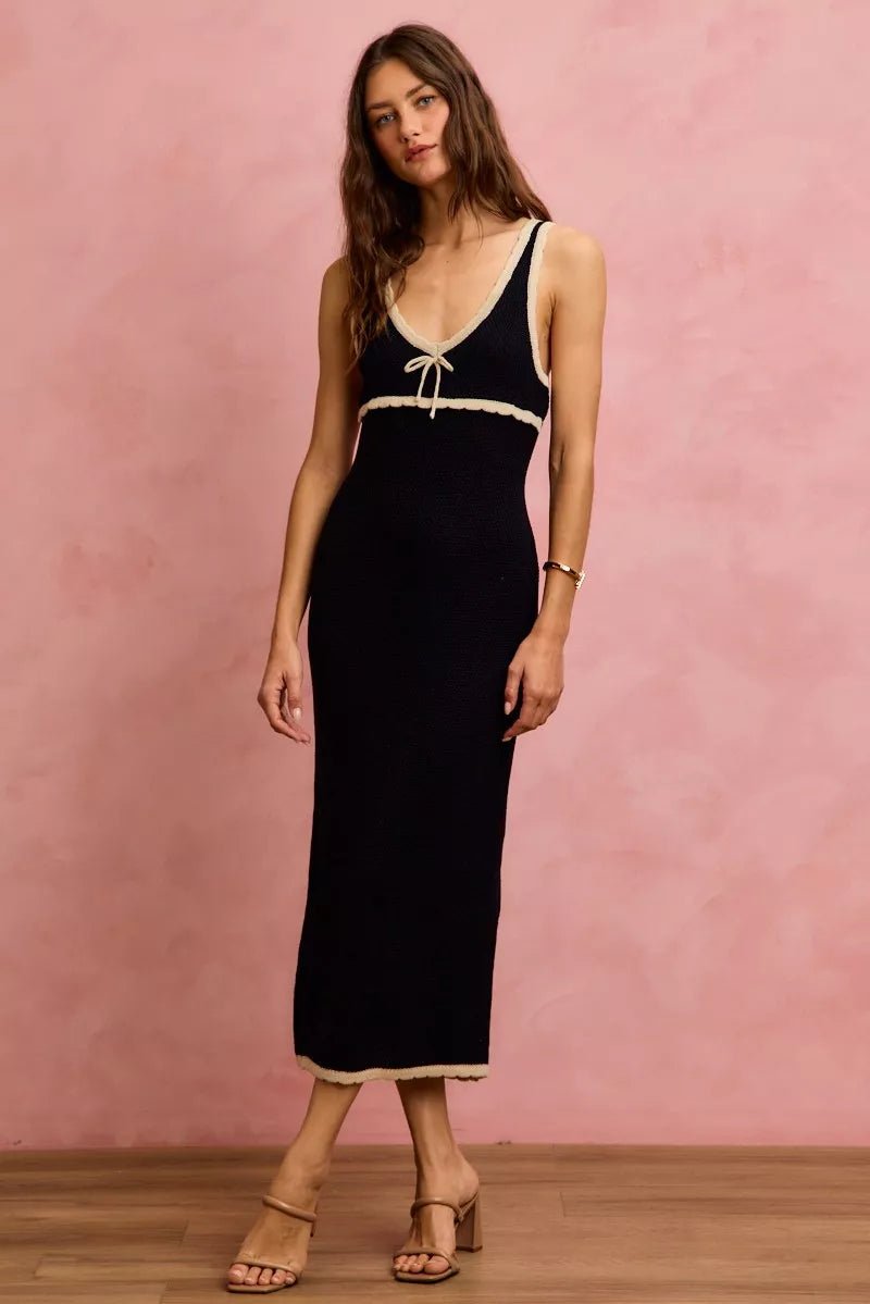 Knit Sleeveless Bodycon Maxi Dress | Resort Vacation Dress in Black/Oatmeal