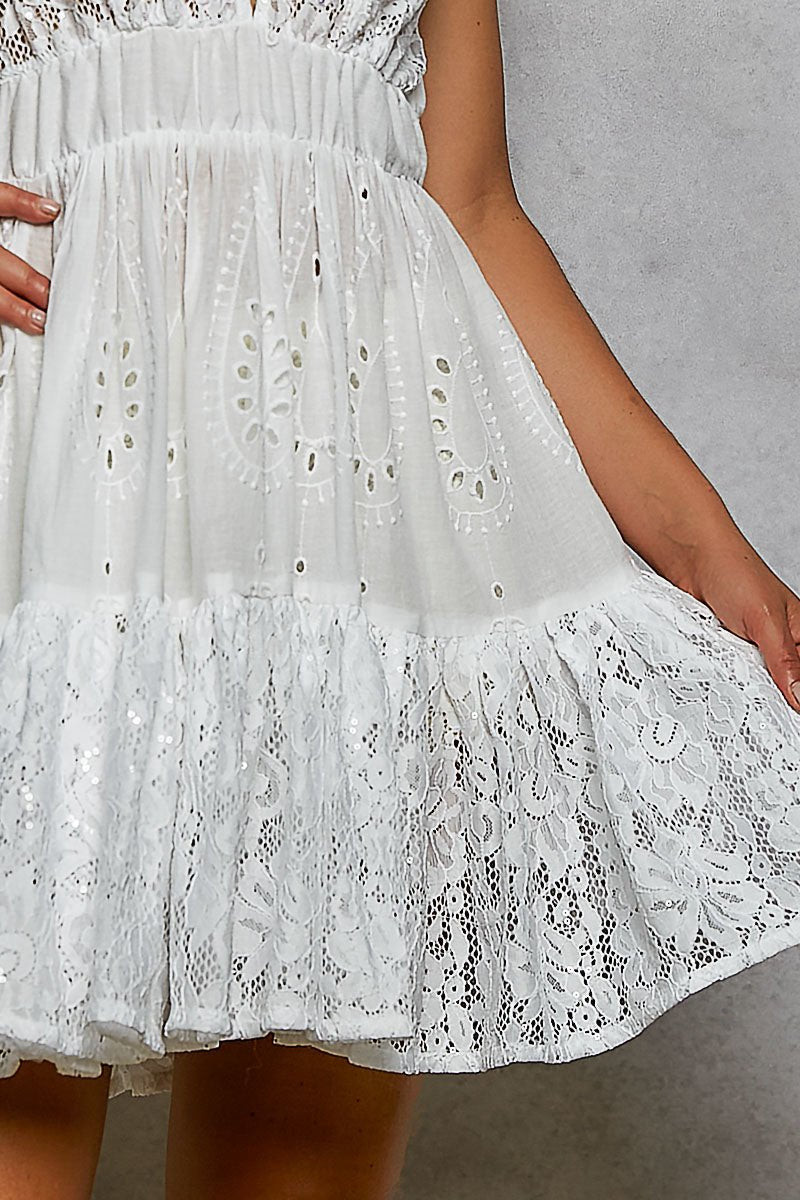 Lace Halter Ruffle Mini Dress | White Lace Summer Dress in IVORY
