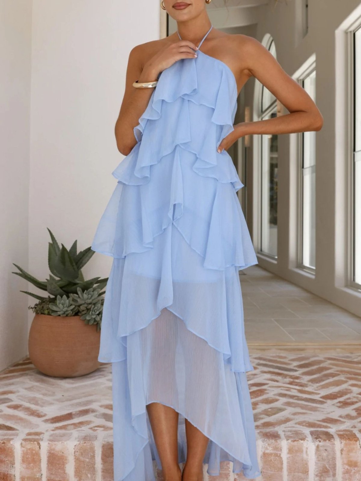 Layered Ruffled Halter Neck Dress – Flowy Tiered Maxi Dress for Women in Light Blue