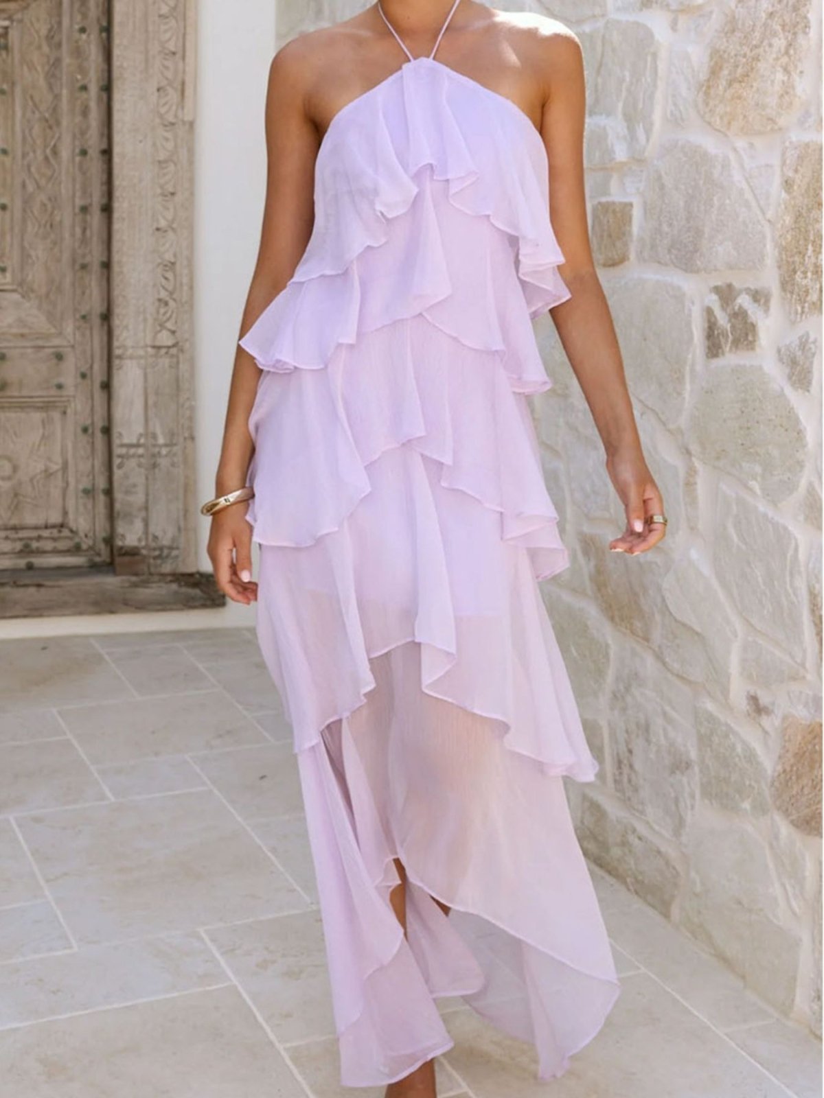 Layered Ruffled Halter Neck Dress – Flowy Tiered Maxi Dress for Women in Light Purple