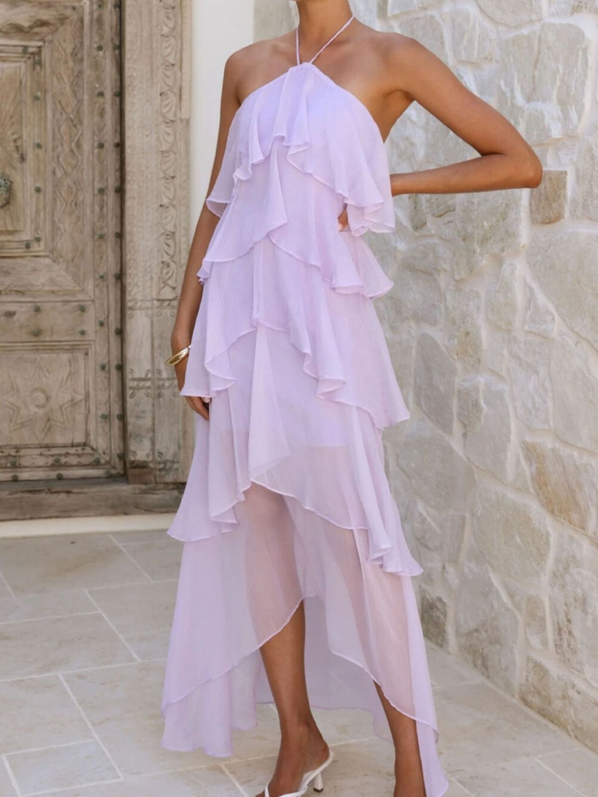 Layered Ruffled Halter Neck Dress – Flowy Tiered Maxi Dress for Women in Light Purple