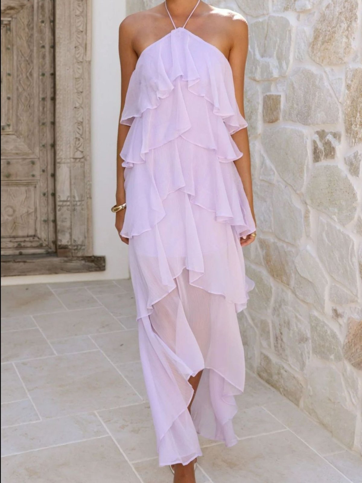 Layered Ruffled Halter Neck Dress – Flowy Tiered Maxi Dress for Women in Light Purple