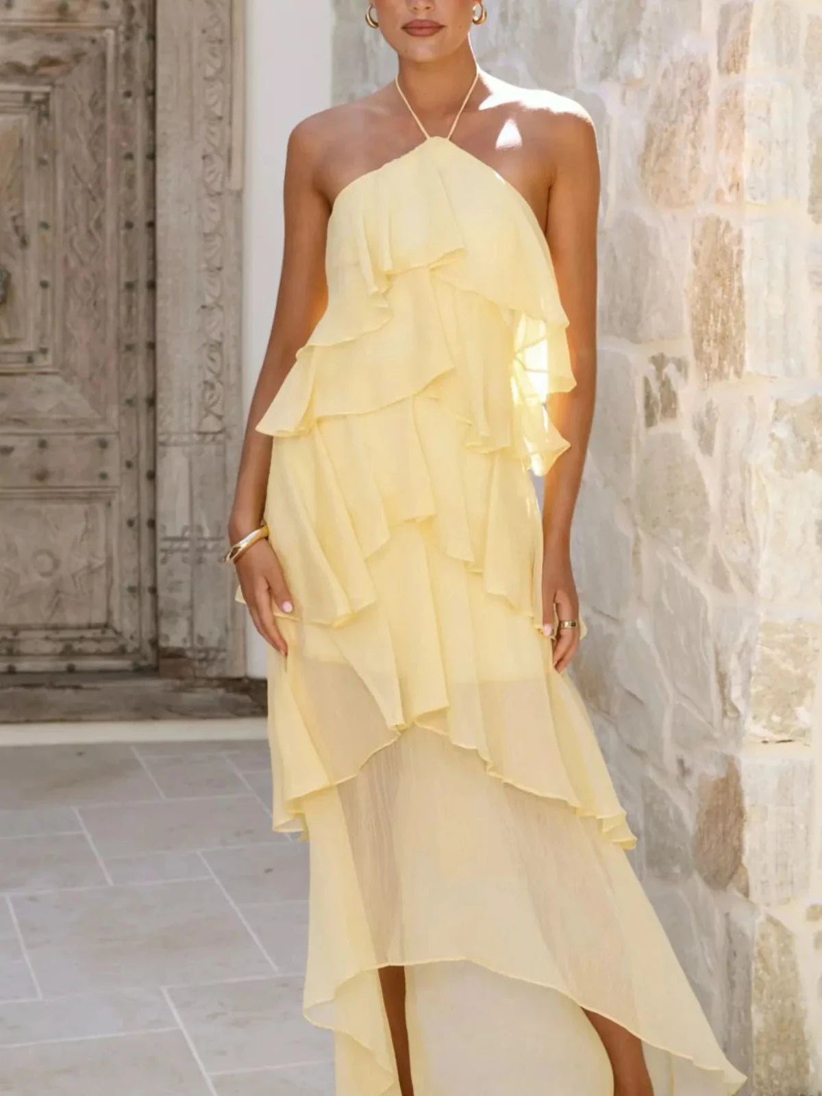 Layered Ruffled Halter Neck Dress – Flowy Tiered Maxi Dress for Women in Light Yellow