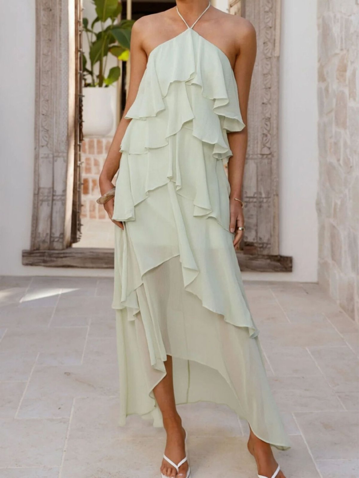 Layered Ruffled Halter Neck Dress – Flowy Tiered Maxi Dress for Women in Matcha Color