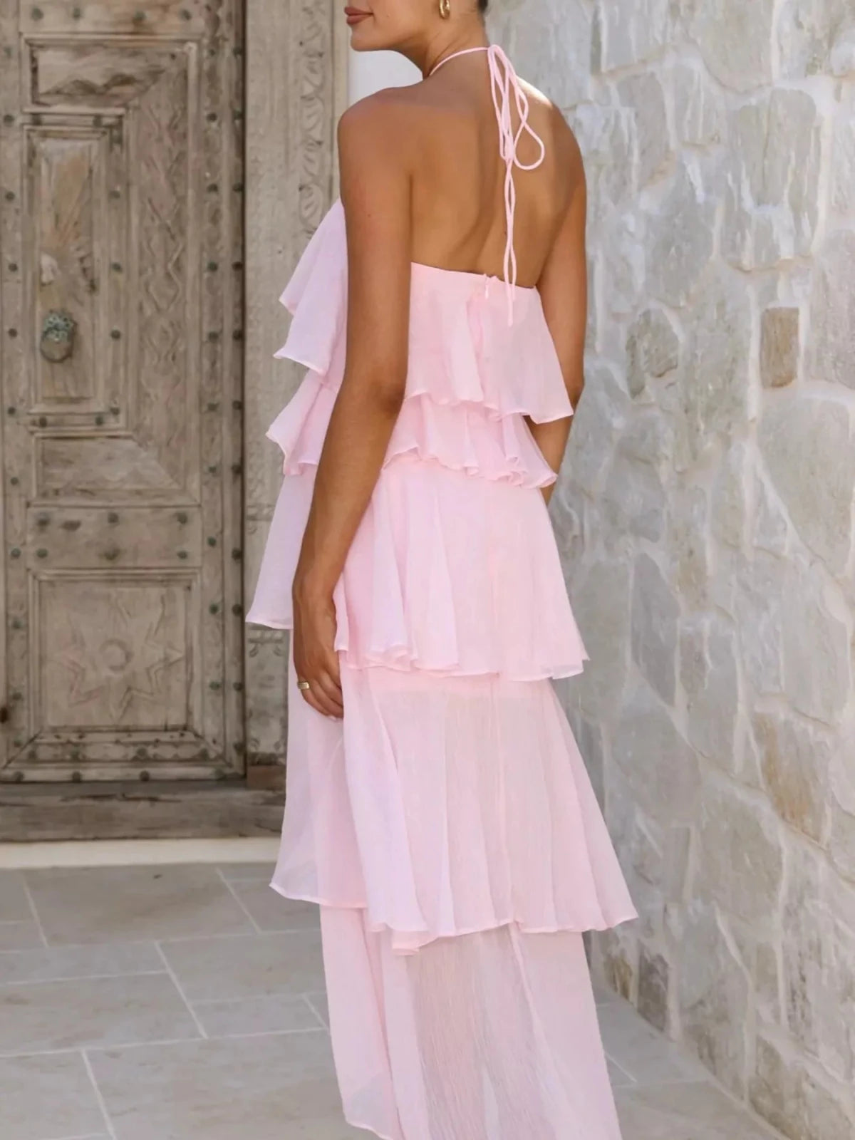 Layered Ruffled Halter Neck Dress – Flowy Tiered Maxi Dress for Women in Pink