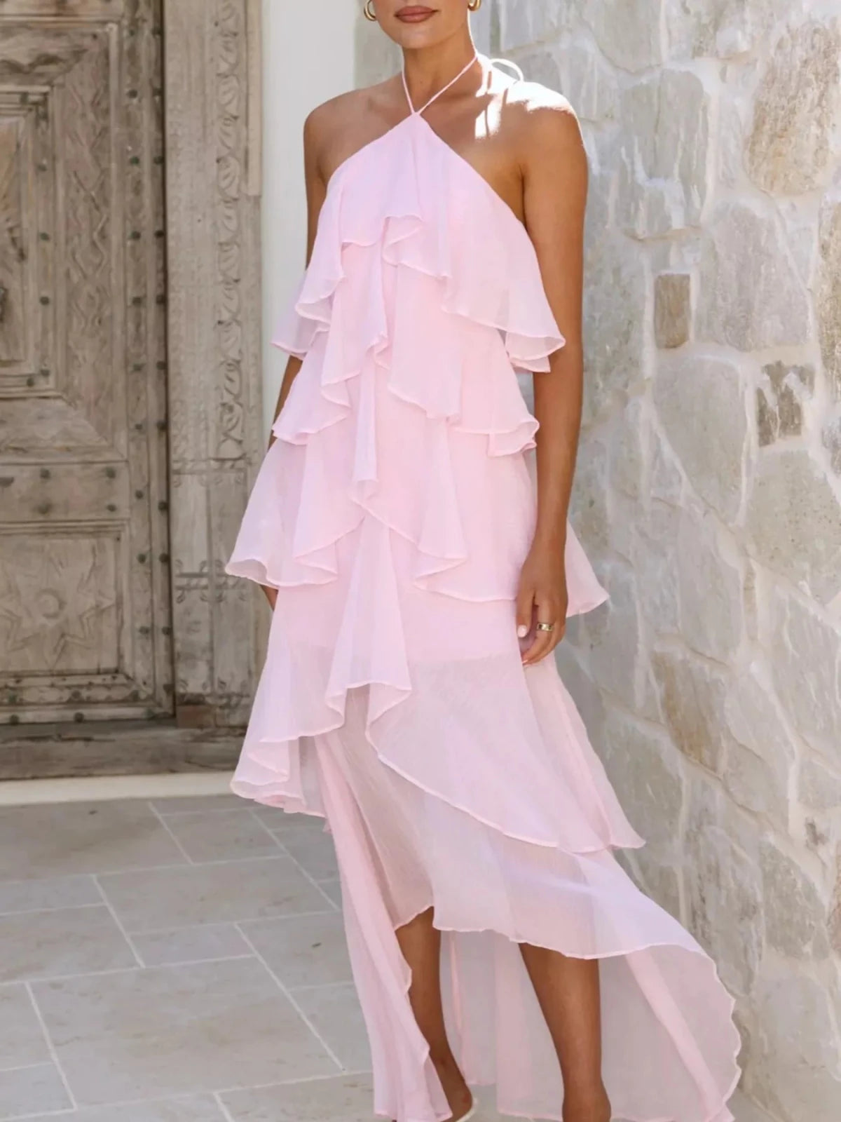 Layered Ruffled Halter Neck Dress – Flowy Tiered Maxi Dress for Women in Pink