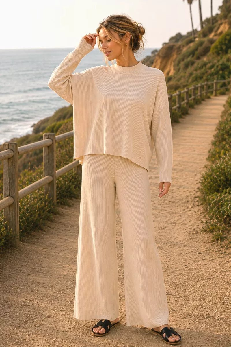 Long Sleeve Sweater Top and Wide Leg Pants Set | CozyFits in Light Beige