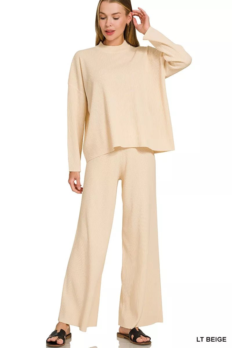 Long Sleeve Sweater Top and Wide Leg Pants Set | CozyFits in Light Beige