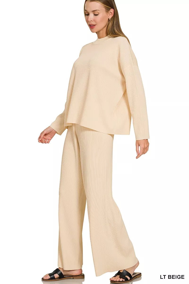 Long Sleeve Sweater Top and Wide Leg Pants Set | CozyFits in Light Beige