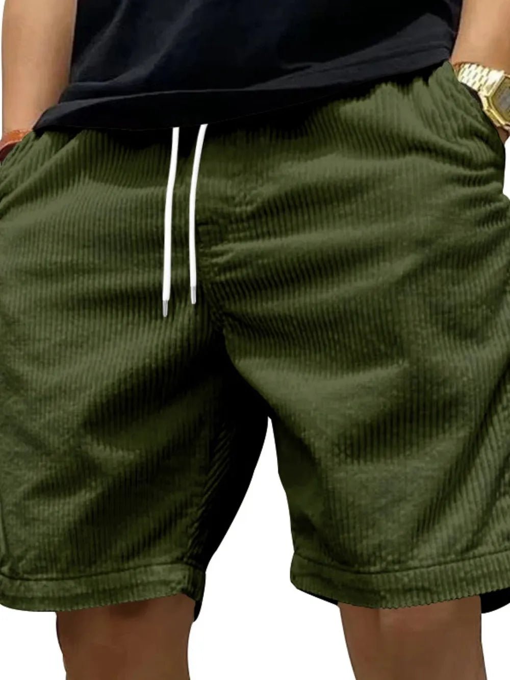 Men’s Corduroy Drawstring Shorts | CozyFits in Army Green