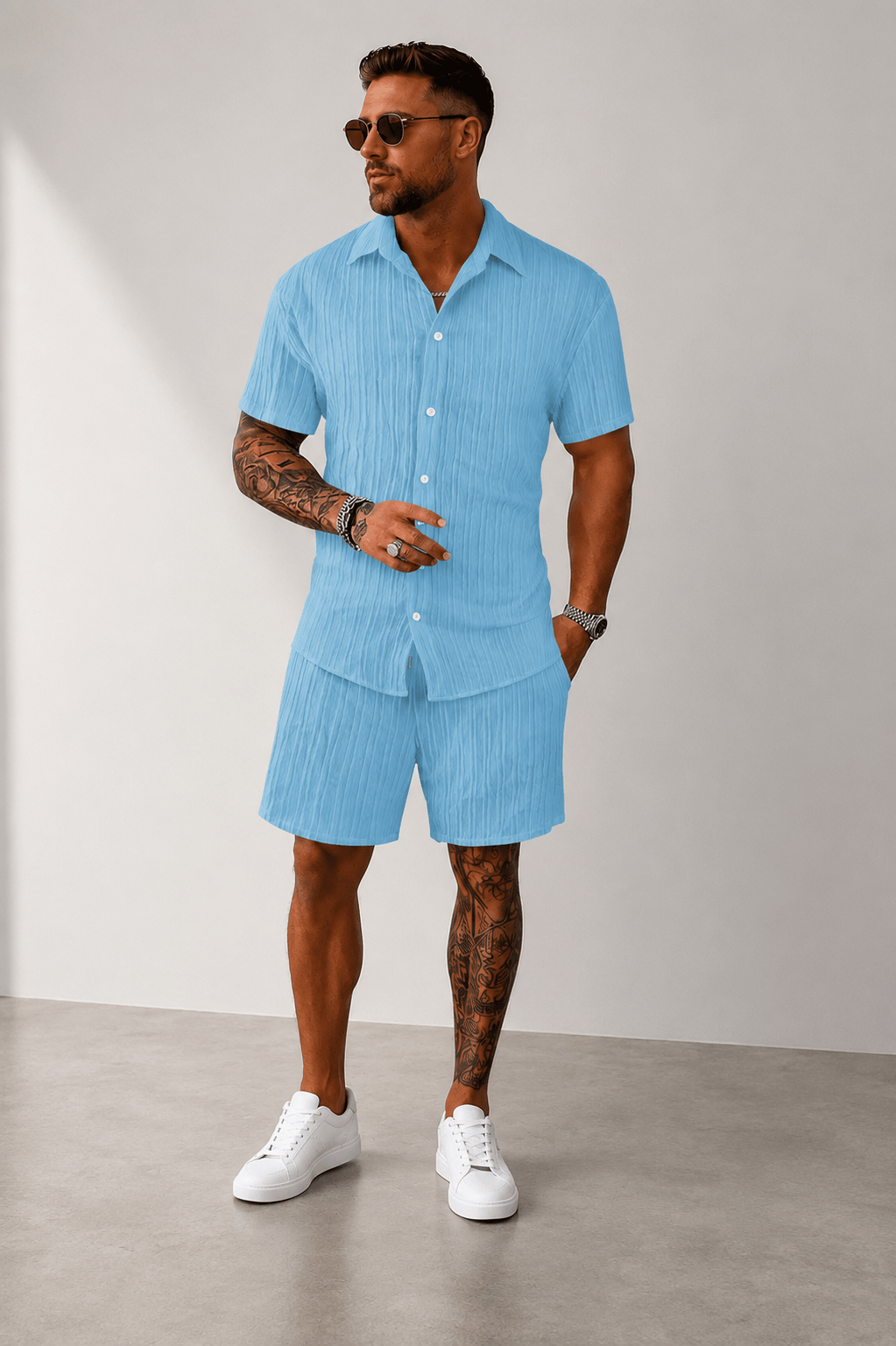 Men’s Full Size Button Down Short Sleeve Shirt and Shorts Set | CozyFits in Gray