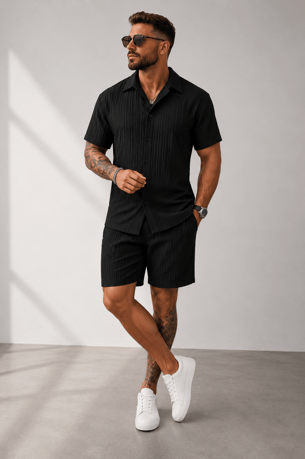 Men’s Full Size Button Down Short Sleeve Shirt and Shorts Set | CozyFits in Gray