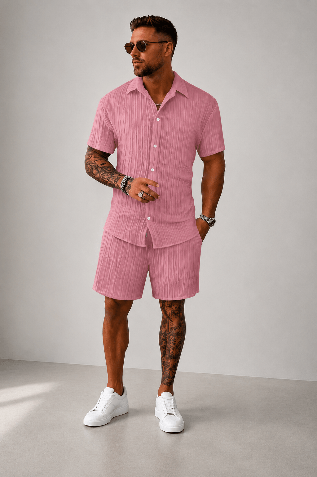 Men’s Full Size Button Down Short Sleeve Shirt and Shorts Set | CozyFits in Gray