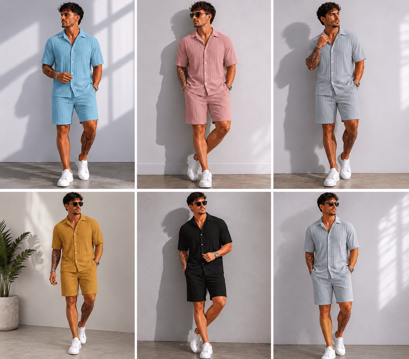 Men’s Full Size Button Down Short Sleeve Shirt and Shorts Set | CozyFits in Gray