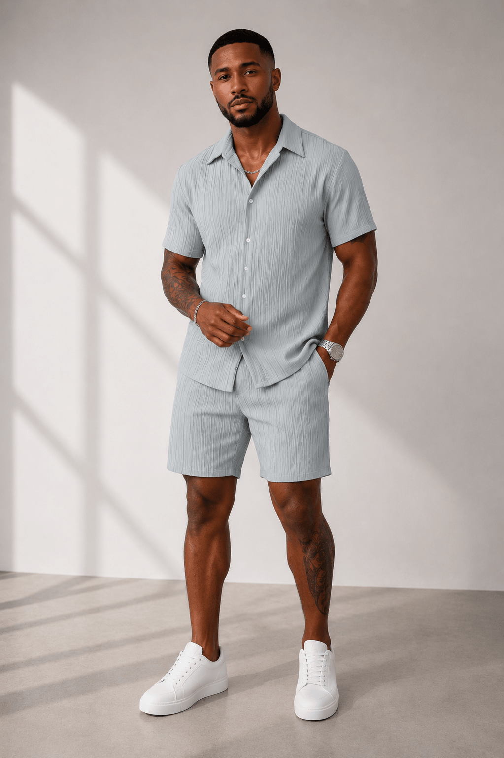 Men’s Full Size Button Down Short Sleeve Shirt and Shorts Set | CozyFits in Gray