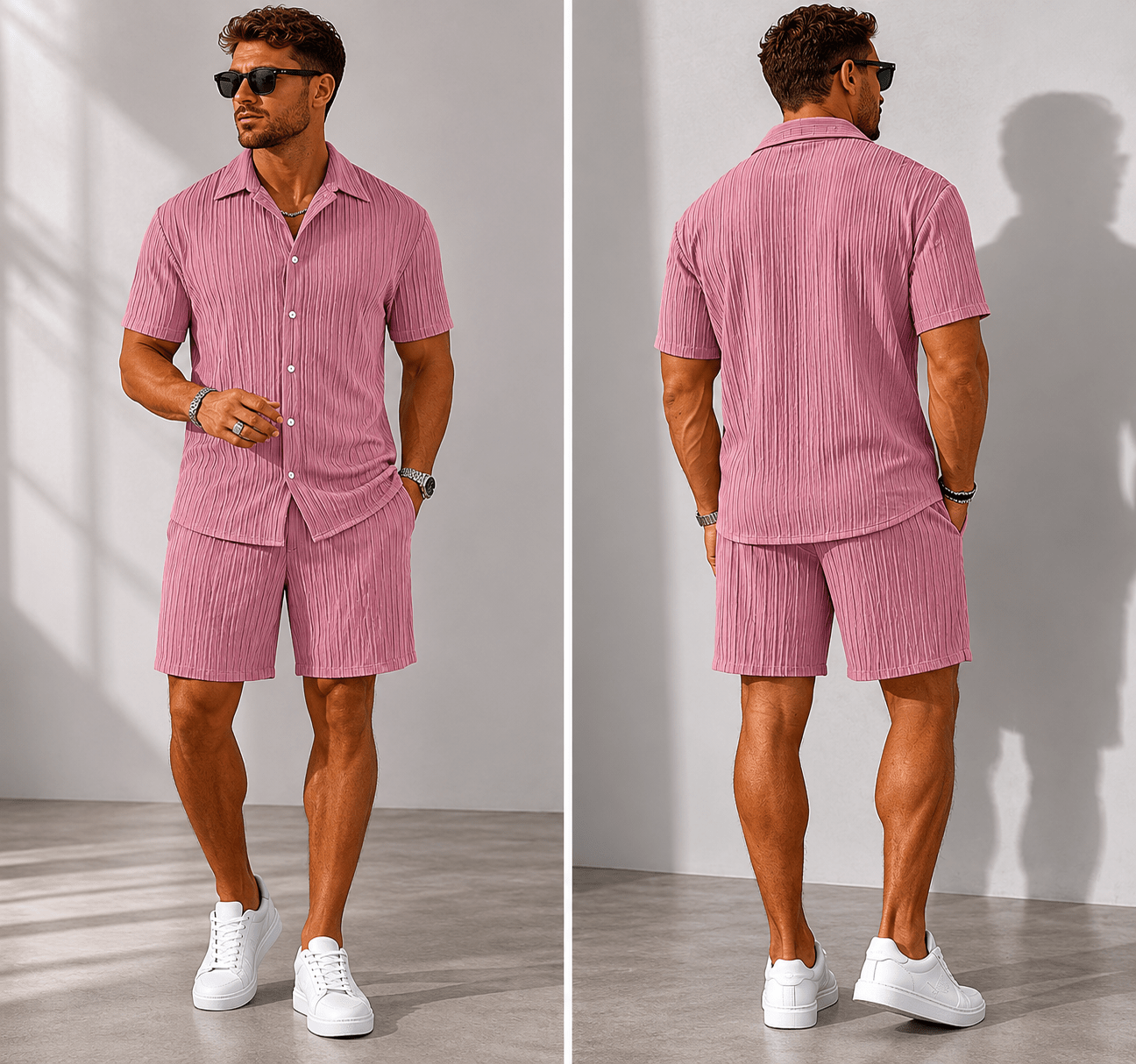 Men’s Full Size Button Down Short Sleeve Shirt and Shorts Set | CozyFits in Gray