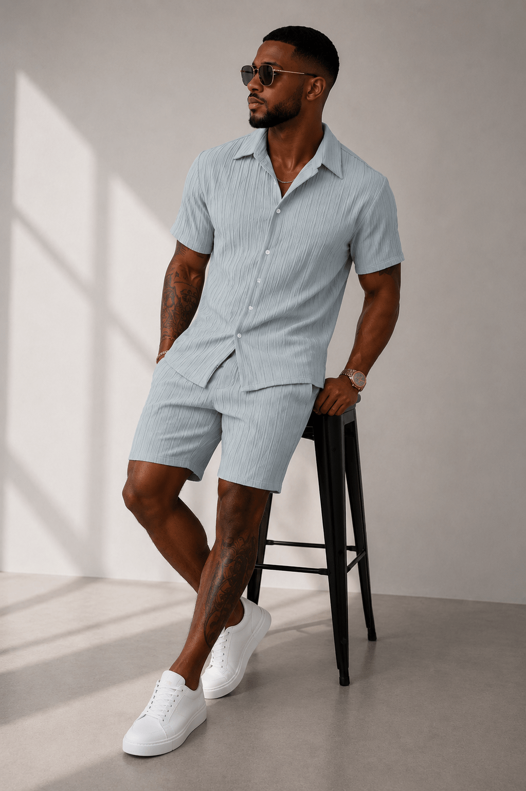 Men’s Full Size Button Down Short Sleeve Shirt and Shorts Set | CozyFits in Gray